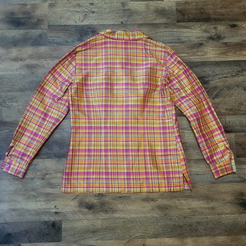Vintage Women's Jordan 100% Silk Colorful Plaid Long Sleeve Button Down Blouse S - Picture 6 of 6